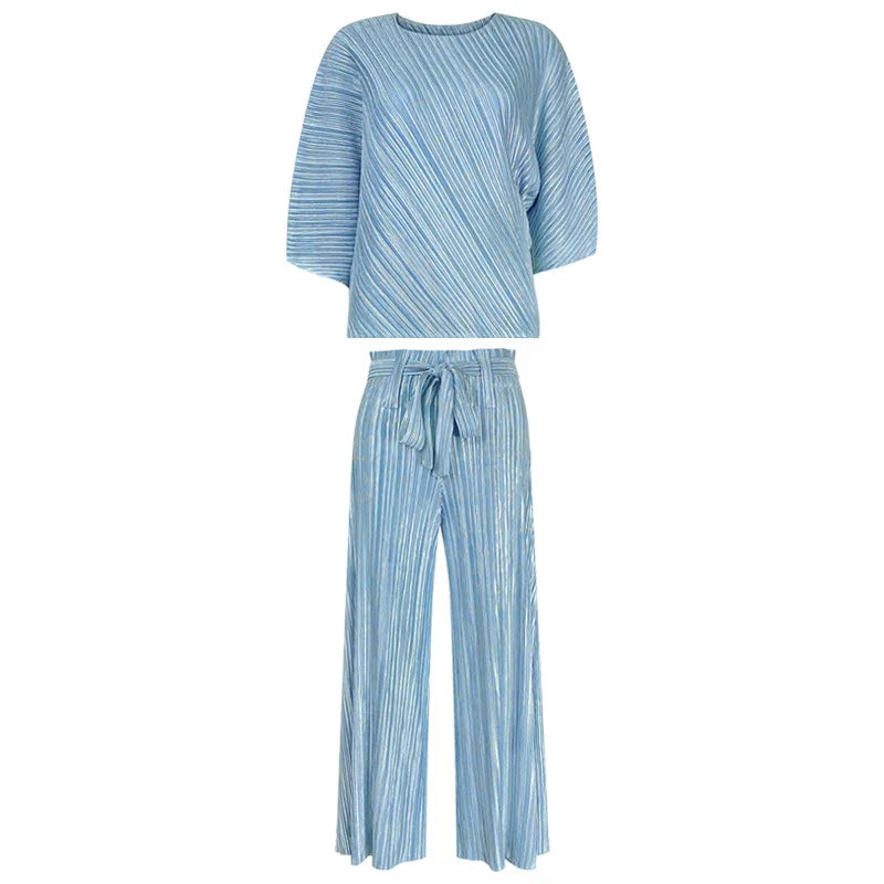 Spring Fashion Design Striped Pattern Light Blue Seventh Sleeve Round Neck Women Top + Loose Solid Colour Type Pants