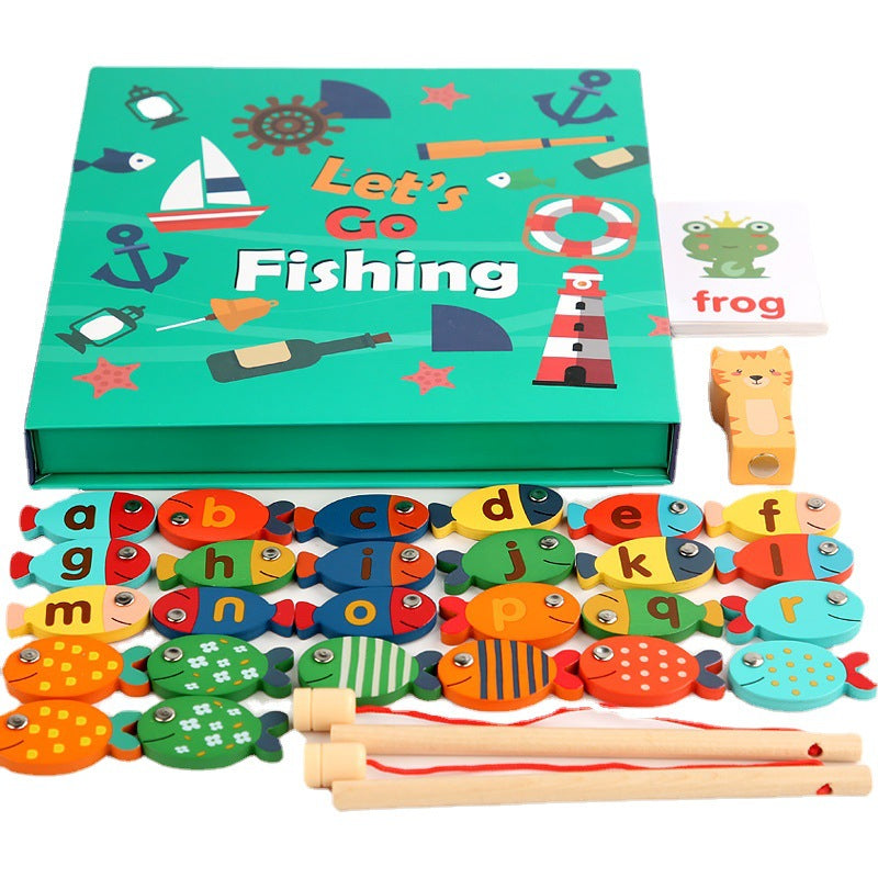 Wooden Magnetic Fishing Kitten Fishing Game 26 Letters Multi-function Fun Spelling Words Toddler Early Education Toys