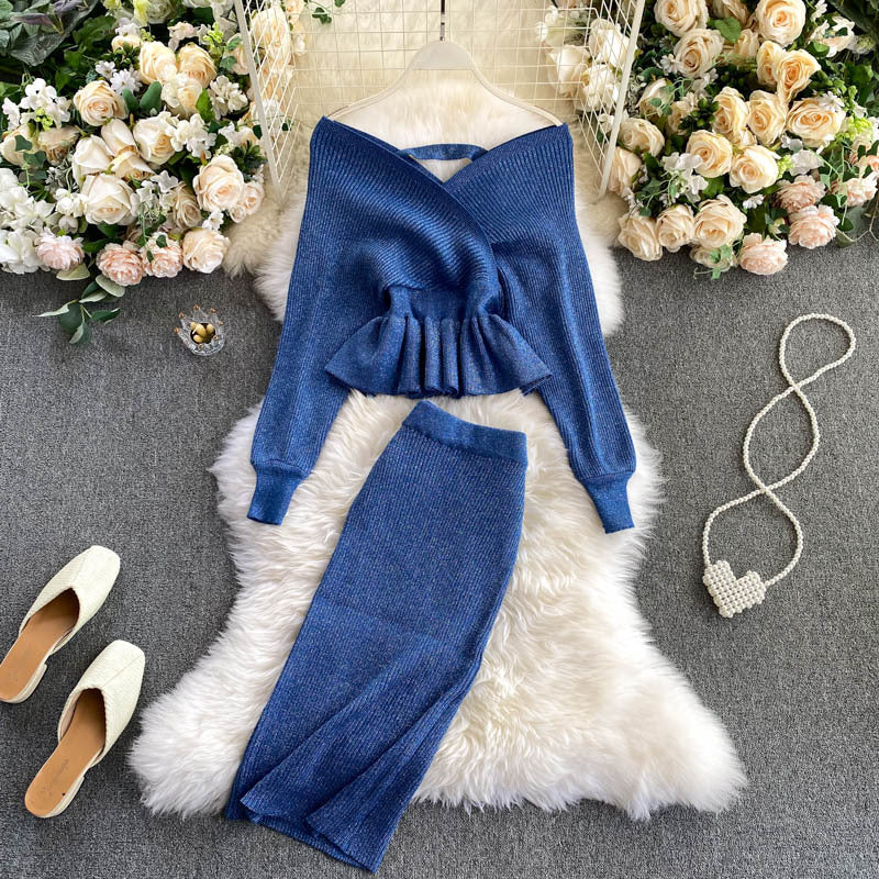 Light Familiar Style Fried Street Suit New Year Female Heart Machine Collarbone Top Knitted Skirt Two Piece Suit