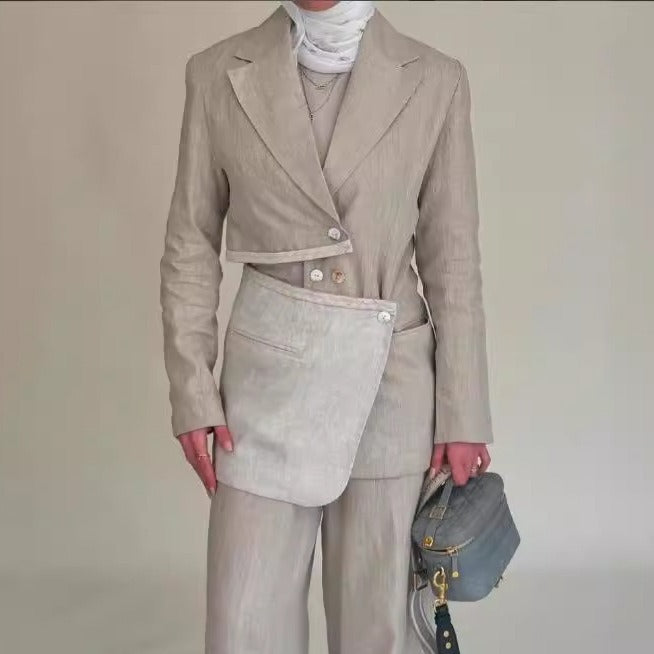 Irregular cut design sense small suit women's contrasting color splicing hollow trendy jacket