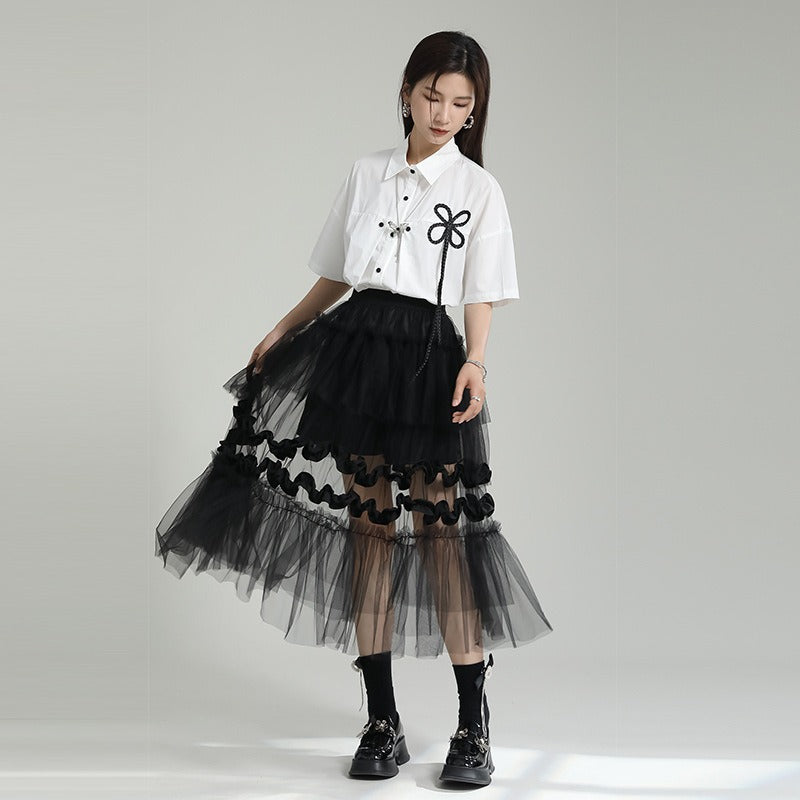 Design feeling mesh patchwork skirt women's pants skirt irregular layered cake skirt