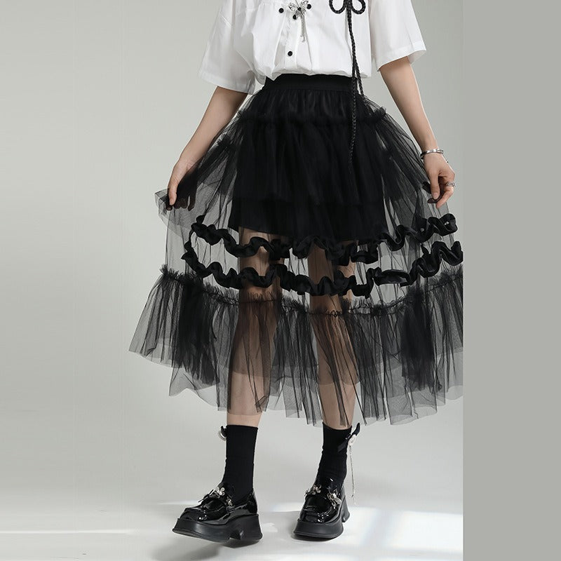 Design feeling mesh patchwork skirt women's pants skirt irregular layered cake skirt