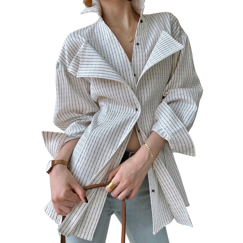 Autumn New Light Mature Casual Fit Top Suit Collar Side Opening Long Sleeve Fashion Stripe Women's Shirt