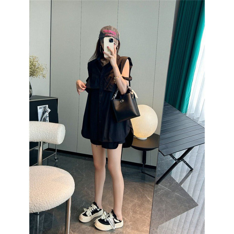 About Design Sleeveless Shirt Top Casual Loose Versatile Shorts Two Piece Set for Women