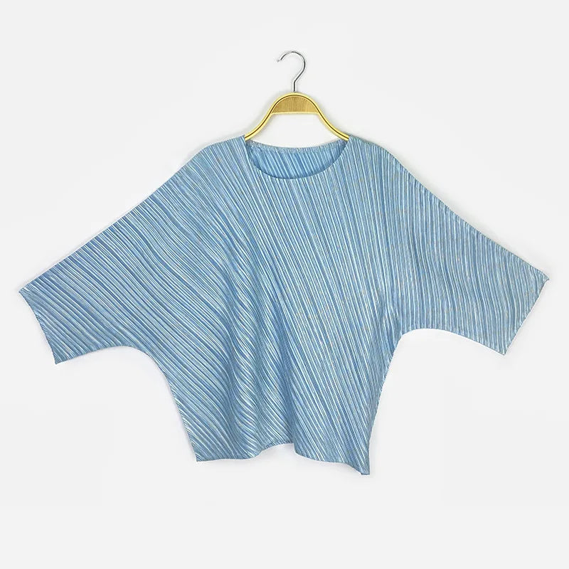 Spring Fashion Design Striped Pattern Light Blue Seventh Sleeve Round Neck Women Top + Loose Solid Colour Type Pants
