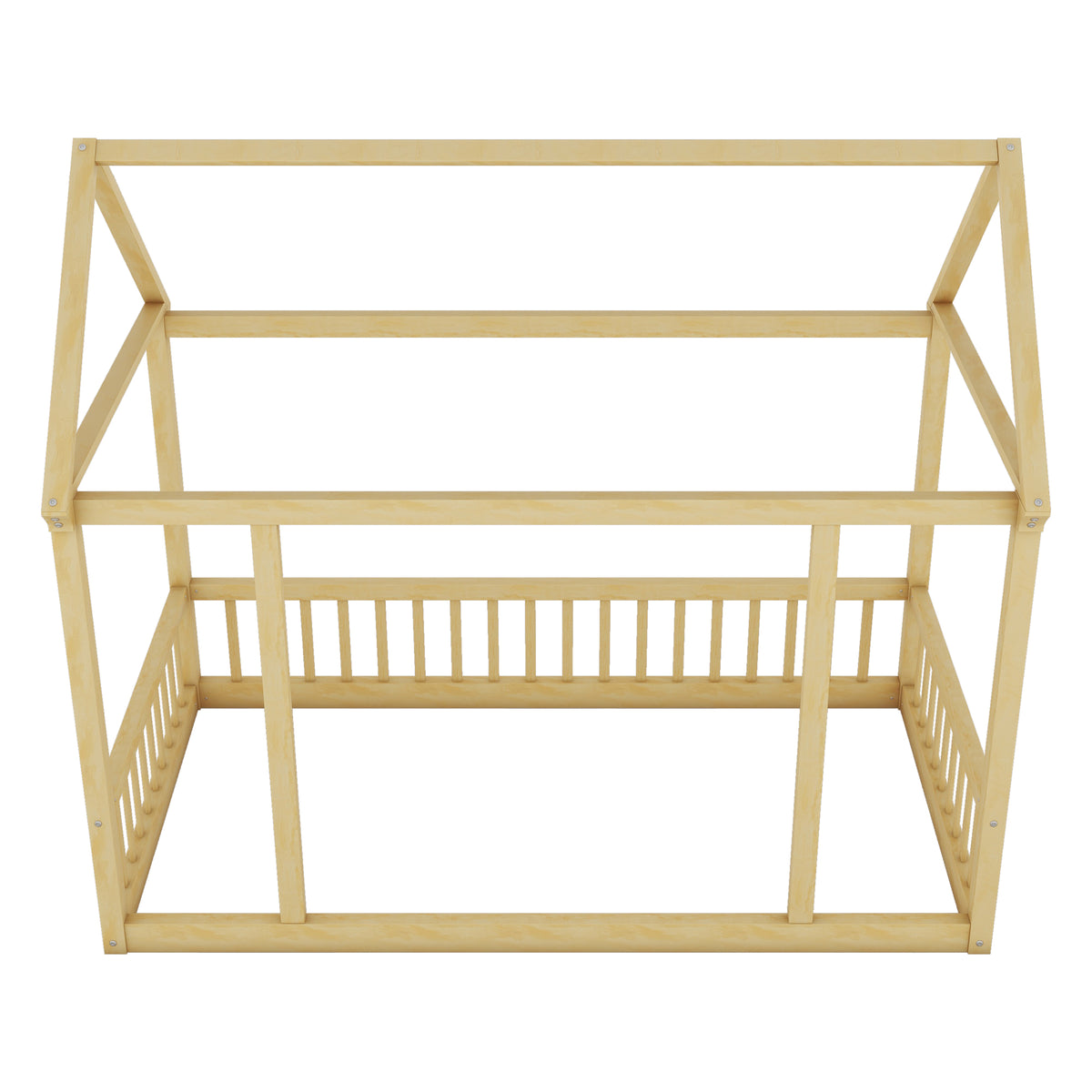Twin Size Floor Wooden Bed with House Roof Frame and Safety Guardrails,Natural