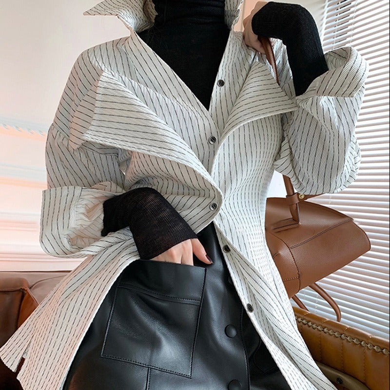 Autumn New Light Mature Casual Fit Top Suit Collar Side Opening Long Sleeve Fashion Stripe Women's Shirt