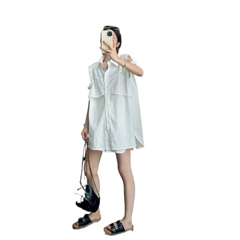 About Design Sleeveless Shirt Top Casual Loose Versatile Shorts Two Piece Set for Women