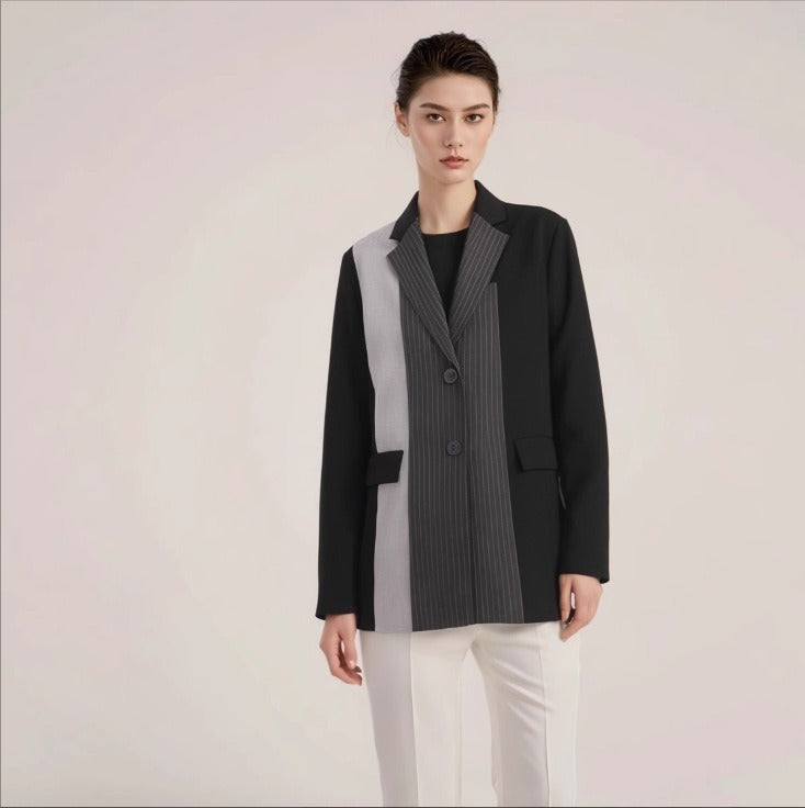 High end contrasting striped suit with spring plaid loose jacket