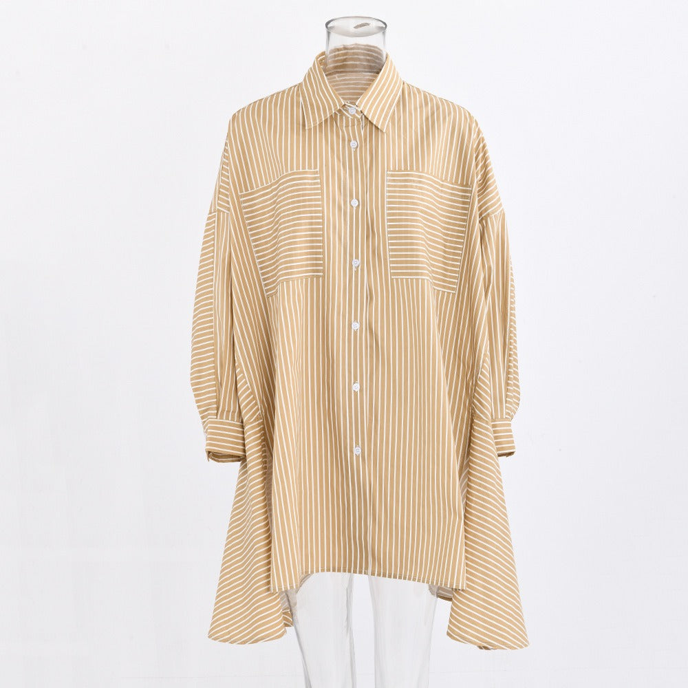 Loose silhouette striped shirt women's single breasted front short back long design shirt
