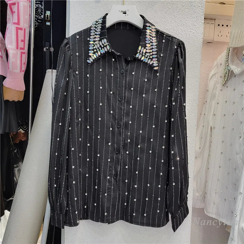Heavy Embroidery Hot Drilling Shirt Women's Light Luxury Full-Body Beaded Lapel Long Sleeve Loose Autumn Shirts and Blouses Top