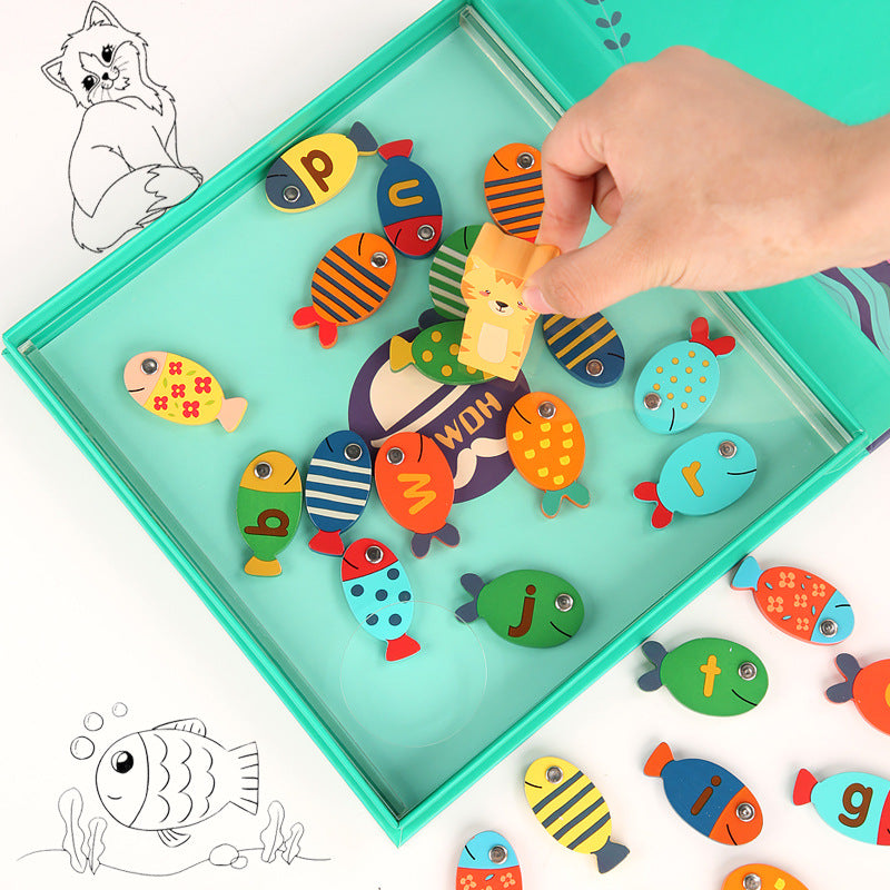 Wooden Magnetic Fishing Kitten Fishing Game 26 Letters Multi-function Fun Spelling Words Toddler Early Education Toys