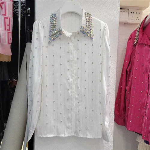 Heavy Embroidery Hot Drilling Shirt Women's Light Luxury Full-Body Beaded Lapel Long Sleeve Loose Autumn Shirts and Blouses Top