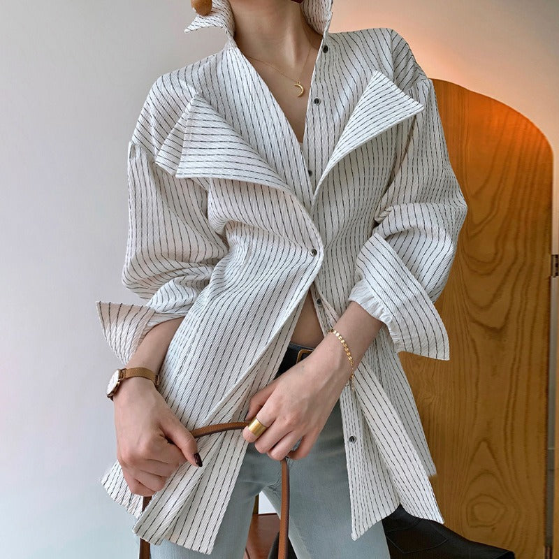 Autumn New Light Mature Casual Fit Top Suit Collar Side Opening Long Sleeve Fashion Stripe Women's Shirt
