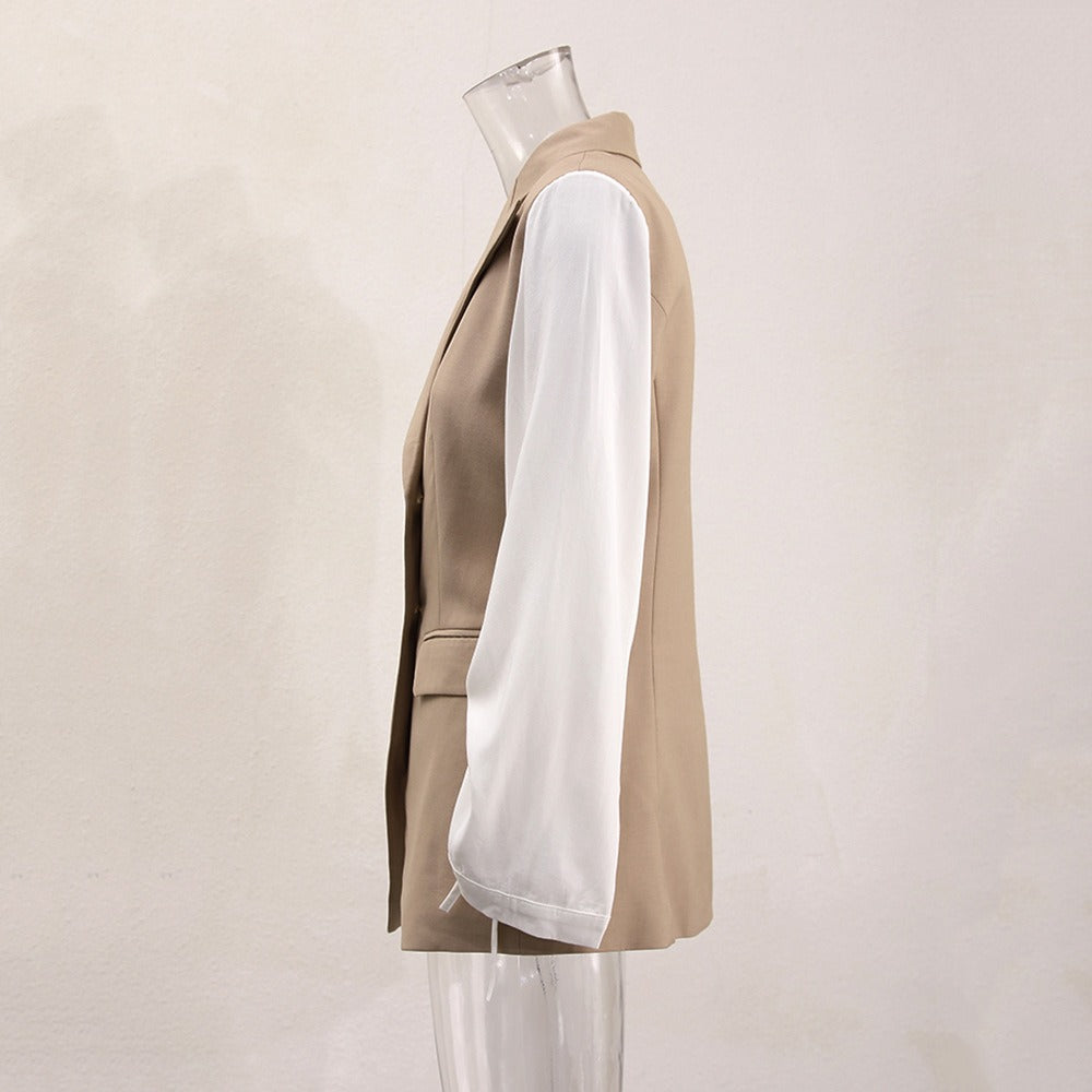 Long sleeved temperament contrasting color splicing suit jacket women's trendy diagonal button suit top