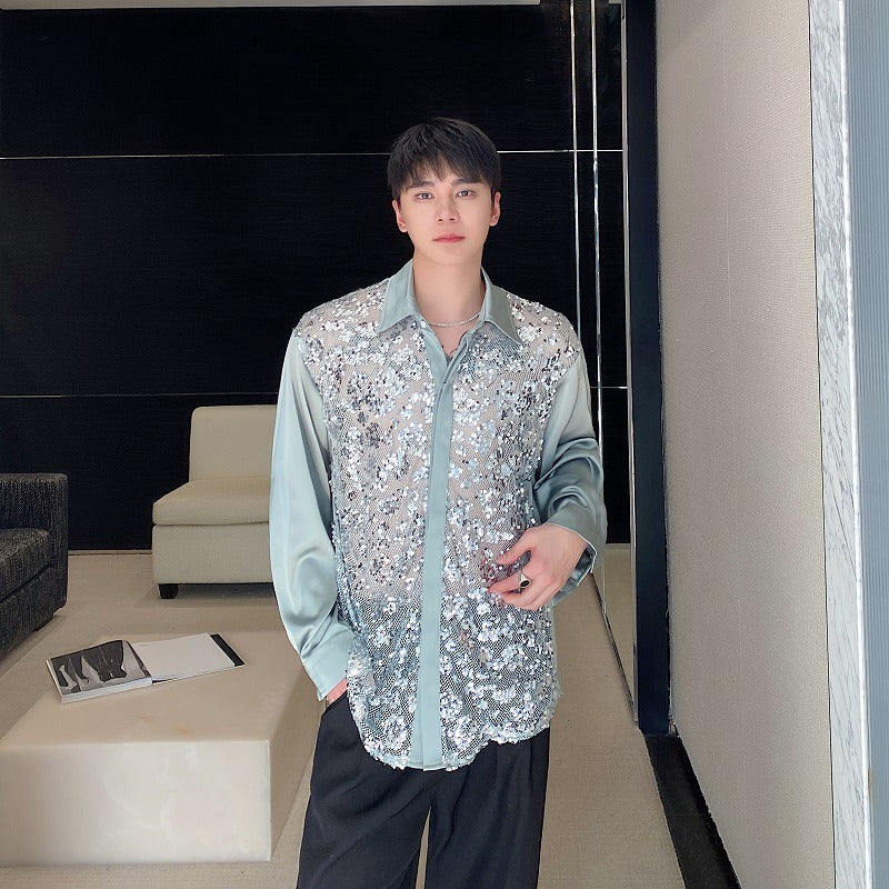 Satin sequin patchwork lapel long sleeved shirt personalized hairstylist stage outfit