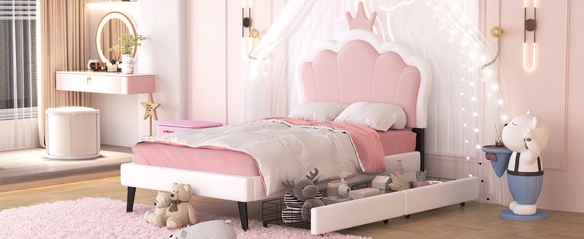 Twin cushion princess bed with crown headboard and 2 drawers with headboard and footrest, pink+white