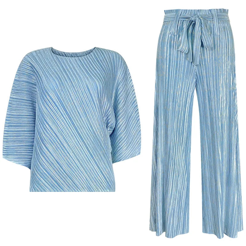 Spring Fashion Design Striped Pattern Light Blue Seventh Sleeve Round Neck Women Top + Loose Solid Colour Type Pants