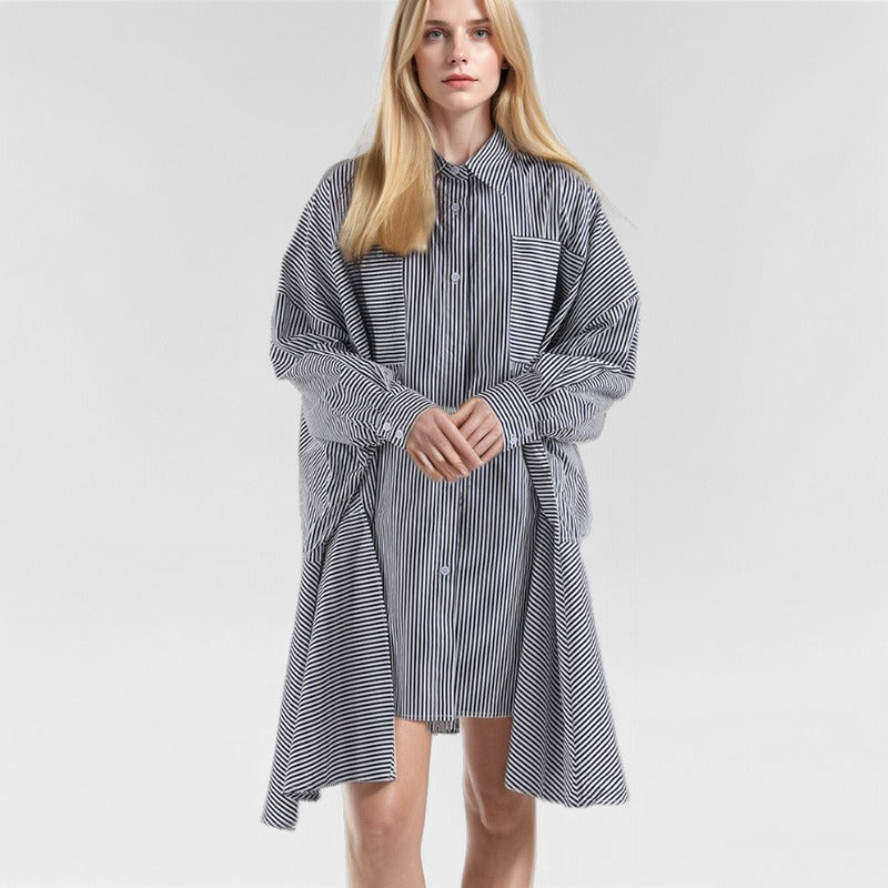 Loose silhouette striped shirt women's single breasted front short back long design shirt