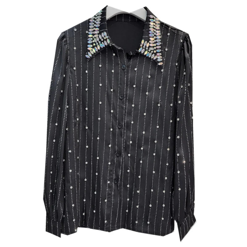 Heavy Embroidery Hot Drilling Shirt Women's Light Luxury Full-Body Beaded Lapel Long Sleeve Loose Autumn Shirts and Blouses Top