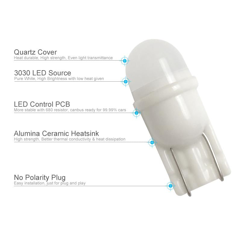 CNSUNNYLIGHT Newest Ceramic Base T10 W5W LED Car Interior Light Marker 12V Wedge Parking Dome Bulbs Mini Size White 6000K