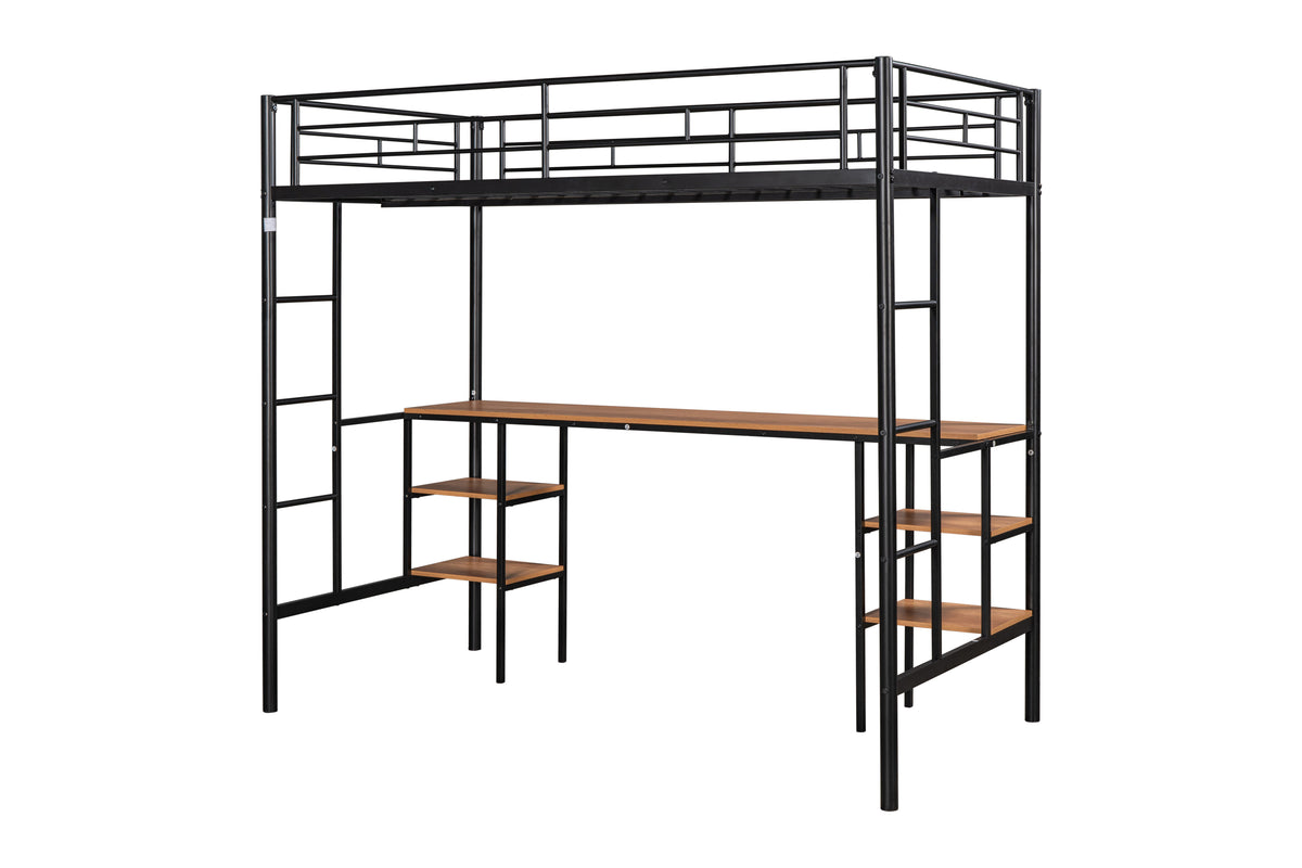 Twin loft bed with table and shelf/Heavy duty sturdy metal/Built in table and shelf/Noise reduction/Safety fence