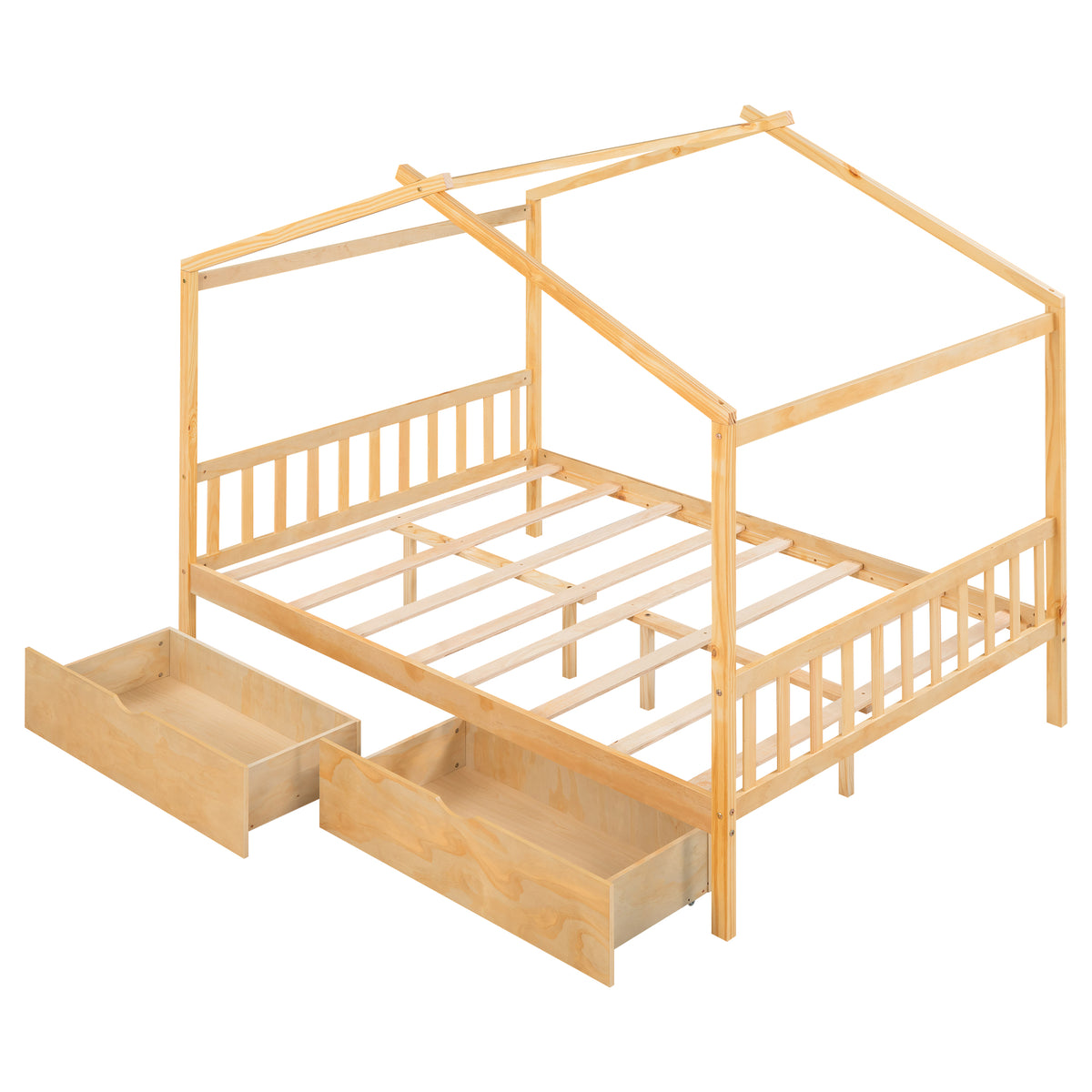 Full Size House Platform Bed with Two Drawers,Headboard and Footboard Roof Design Natural