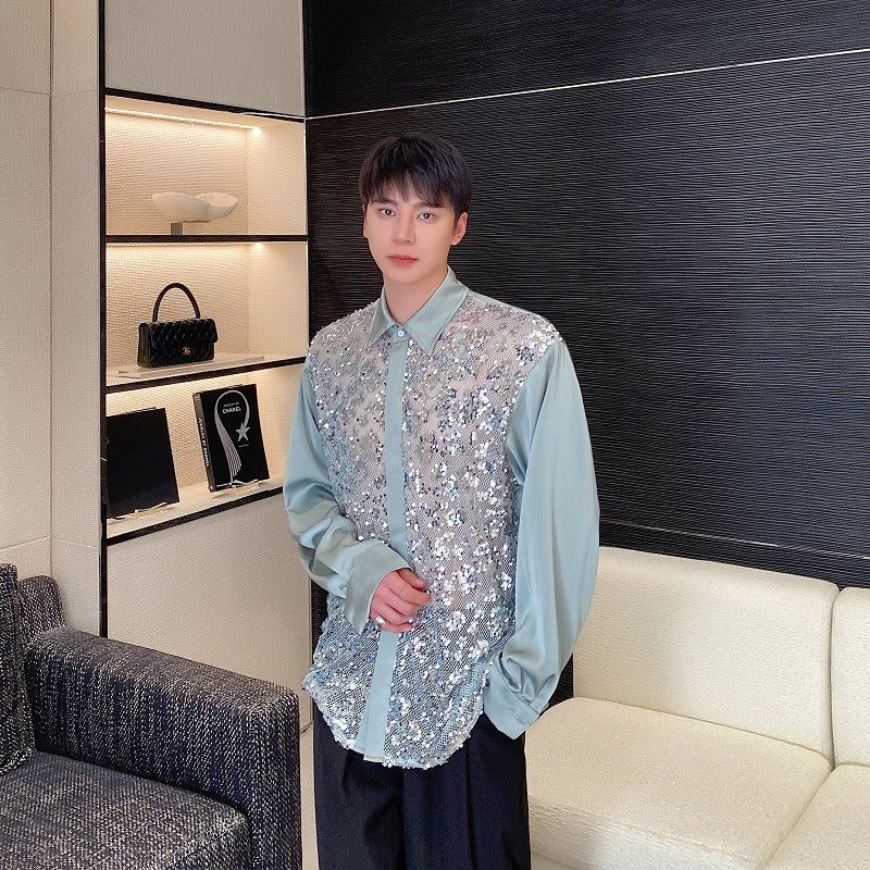 Satin sequin patchwork lapel long sleeved shirt personalized hairstylist stage outfit