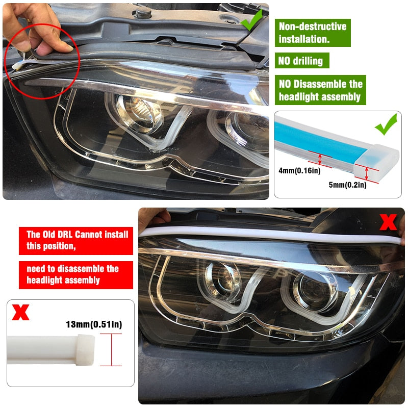 60cm New Slim Amber Sequential Flexible LED DRL For Headlight Strip Daytime Running Light With Yellow Turn Signal Lamp 12V