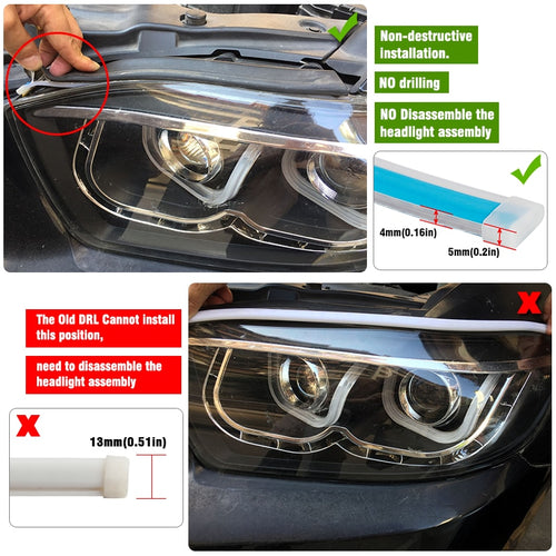 60cm New Slim Amber Sequential Flexible LED DRL For Headlight Strip Daytime Running Light With Yellow Turn Signal Lamp 12V