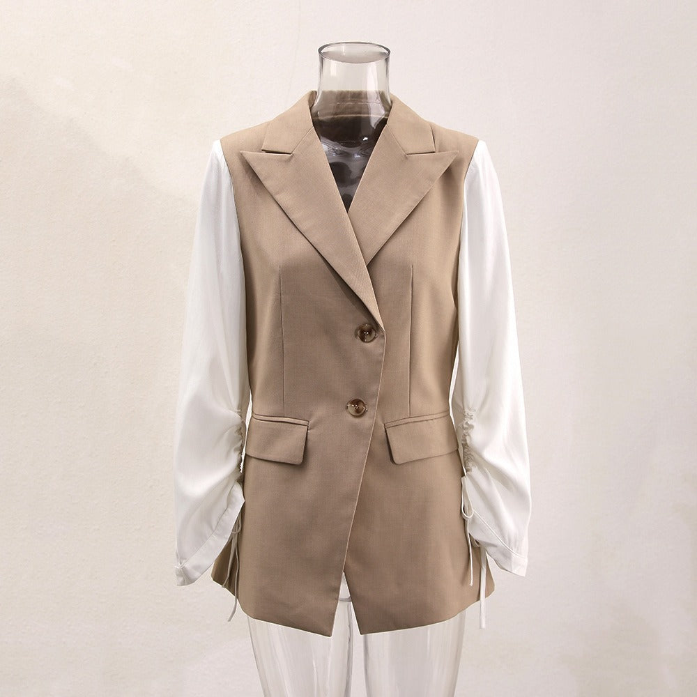 Long sleeved temperament contrasting color splicing suit jacket women's trendy diagonal button suit top