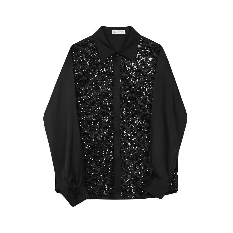Satin sequin patchwork lapel long sleeved shirt personalized hairstylist stage outfit