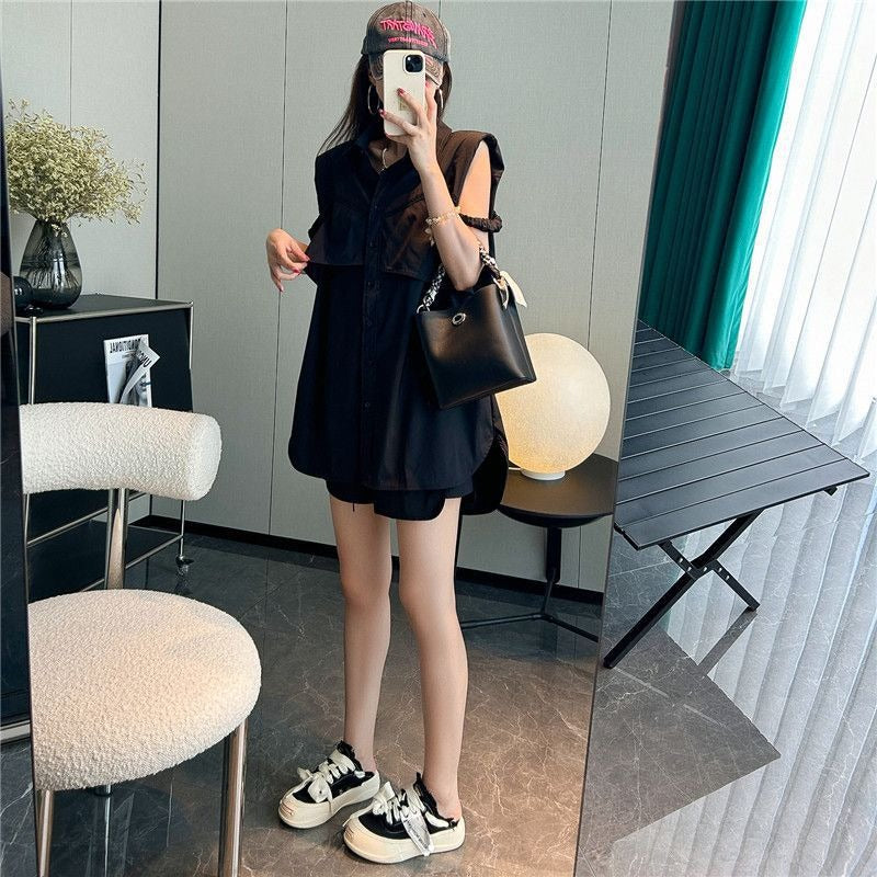 About Design Sleeveless Shirt Top Casual Loose Versatile Shorts Two Piece Set for Women
