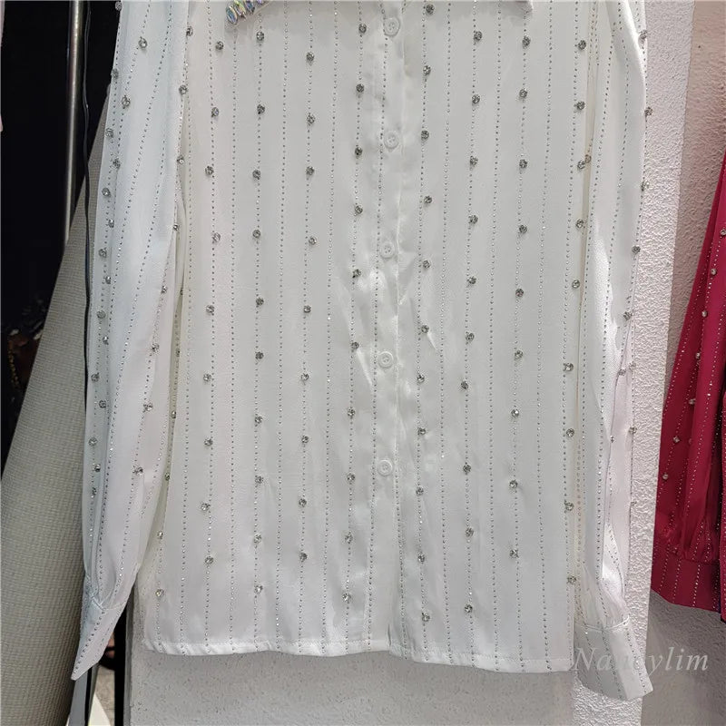 Heavy Embroidery Hot Drilling Shirt Women's Light Luxury Full-Body Beaded Lapel Long Sleeve Loose Autumn Shirts and Blouses Top