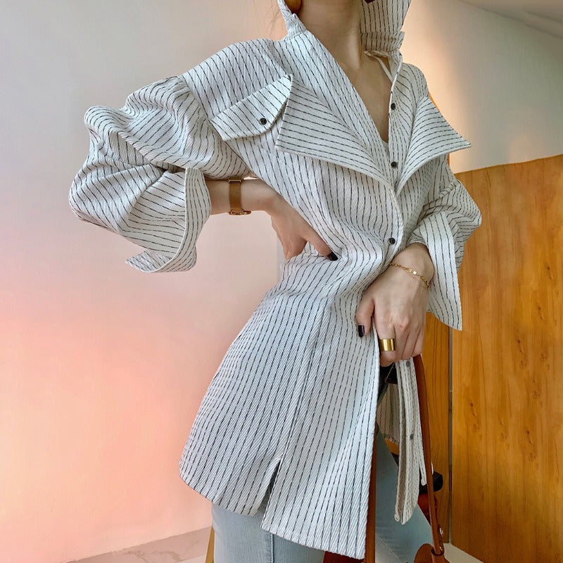 Autumn New Light Mature Casual Fit Top Suit Collar Side Opening Long Sleeve Fashion Stripe Women's Shirt