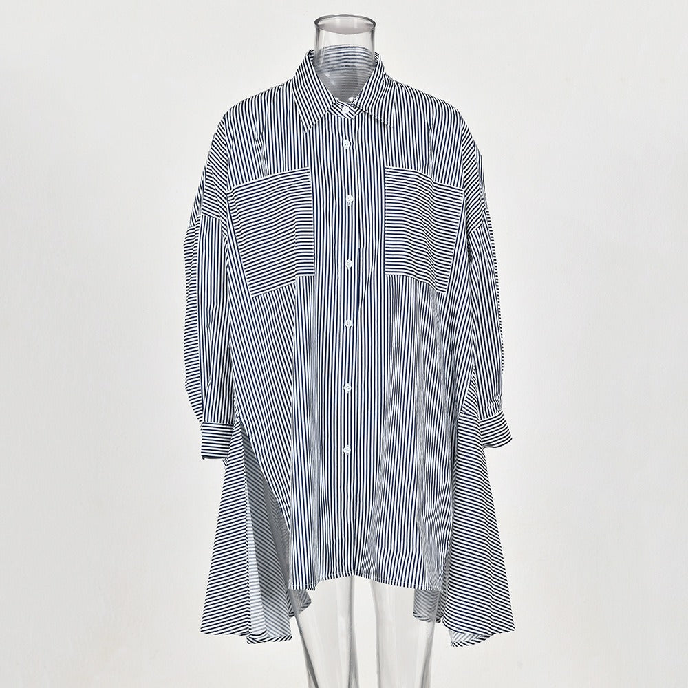 Loose silhouette striped shirt women's single breasted front short back long design shirt