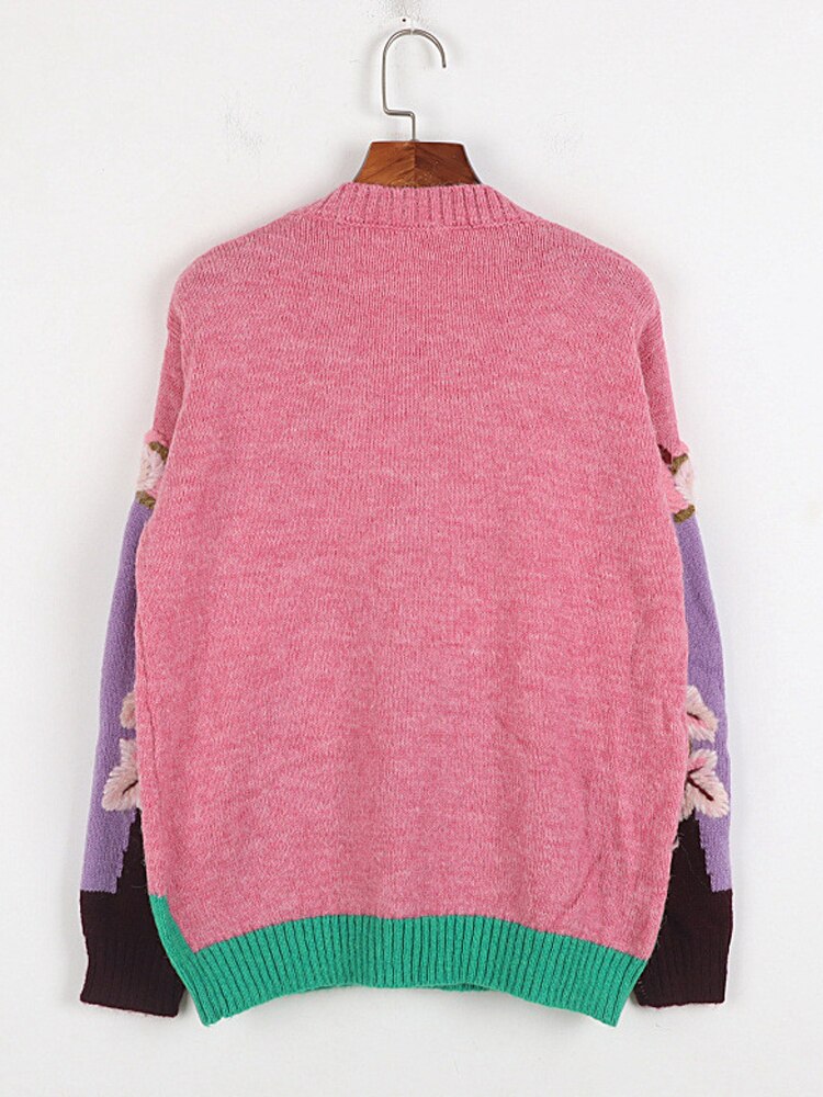Cashmere Round Neck Sweater Women's Early Autumn Winter Spring Heavy Industry Three-Dimensional Hook Flower Light Luxury Pink Top