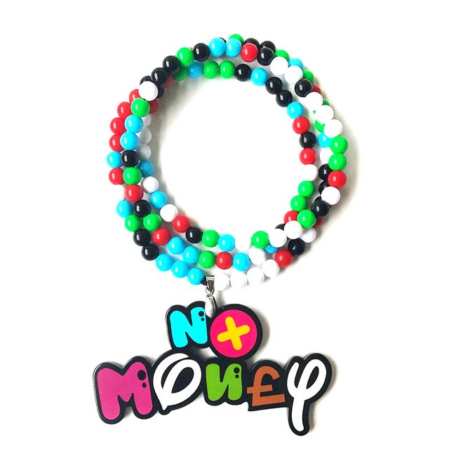 NO MONEY Colorful Badge and Beads Pendant Car Styling JDM Interior Rearview Mirror Ornament Hip Hop Necklace Hellaflush Charm