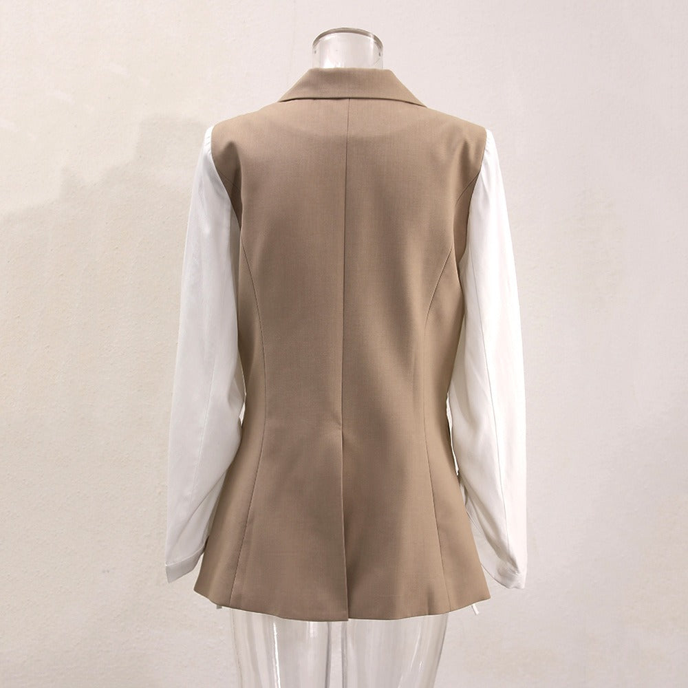 Long sleeved temperament contrasting color splicing suit jacket women's trendy diagonal button suit top