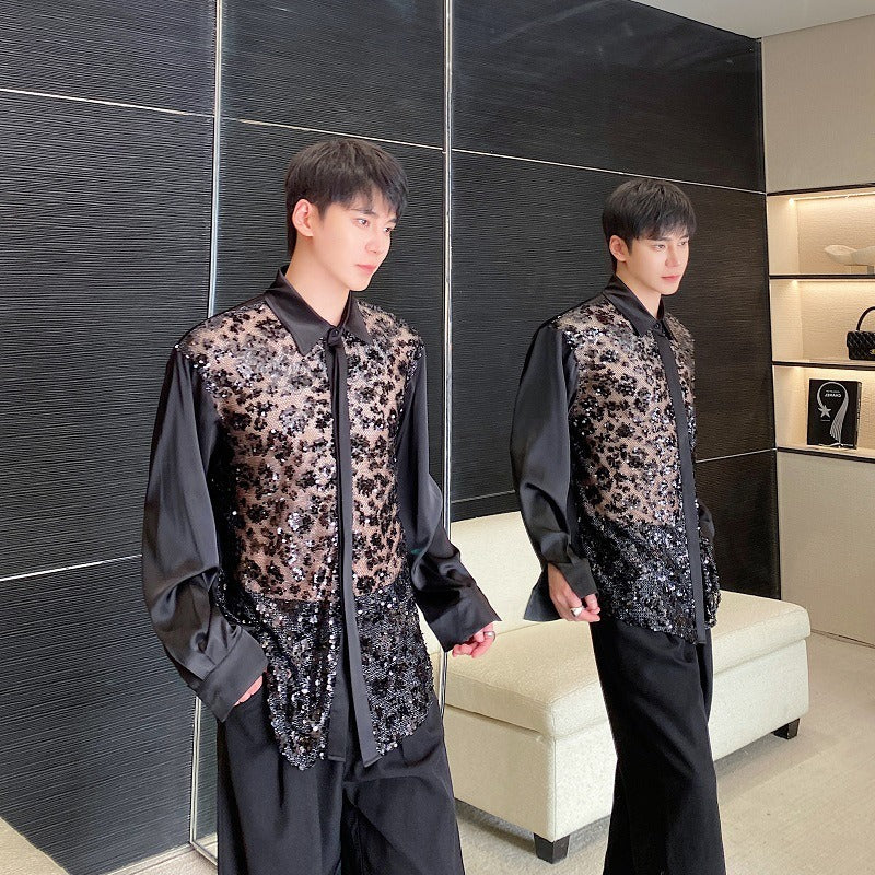 Satin sequin patchwork lapel long sleeved shirt personalized hairstylist stage outfit