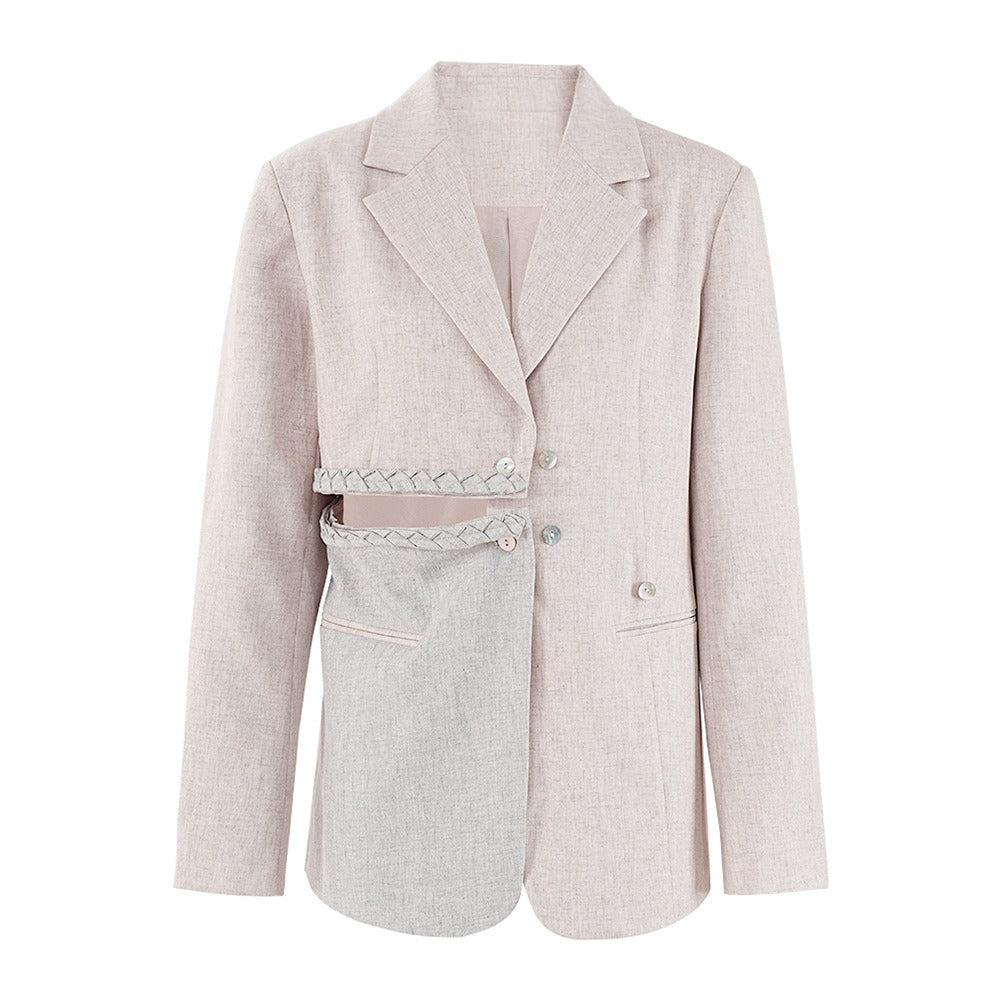 Irregular cut design sense small suit women's contrasting color splicing hollow trendy jacket