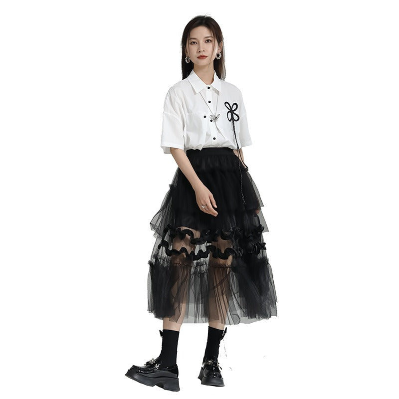 Design feeling mesh patchwork skirt women's pants skirt irregular layered cake skirt