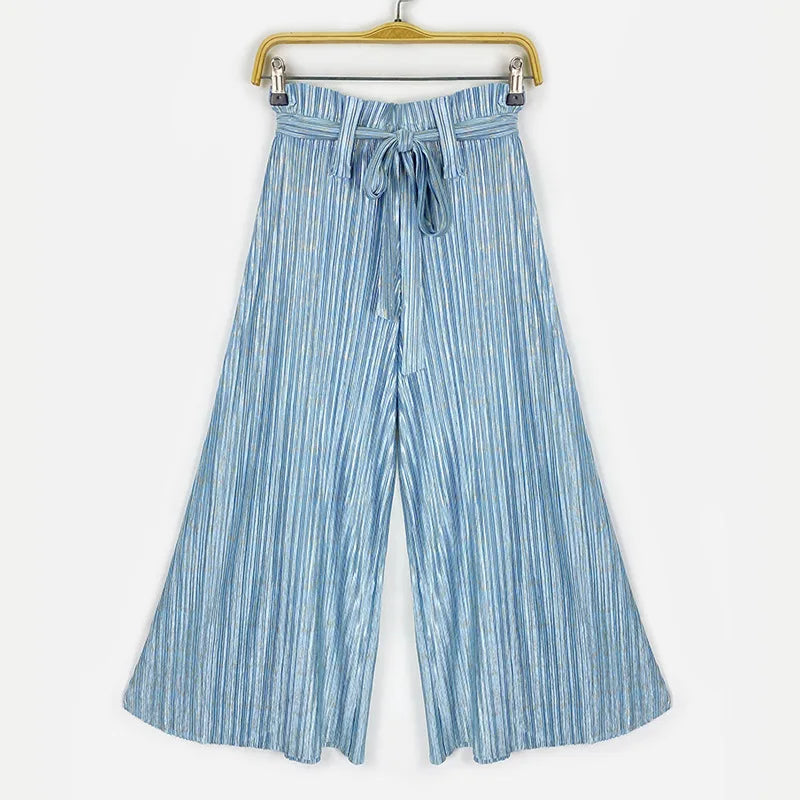 Spring Fashion Design Striped Pattern Light Blue Seventh Sleeve Round Neck Women Top + Loose Solid Colour Type Pants