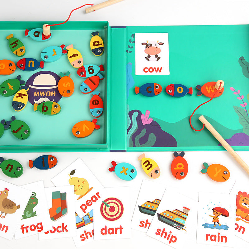 Wooden Magnetic Fishing Kitten Fishing Game 26 Letters Multi-function Fun Spelling Words Toddler Early Education Toys