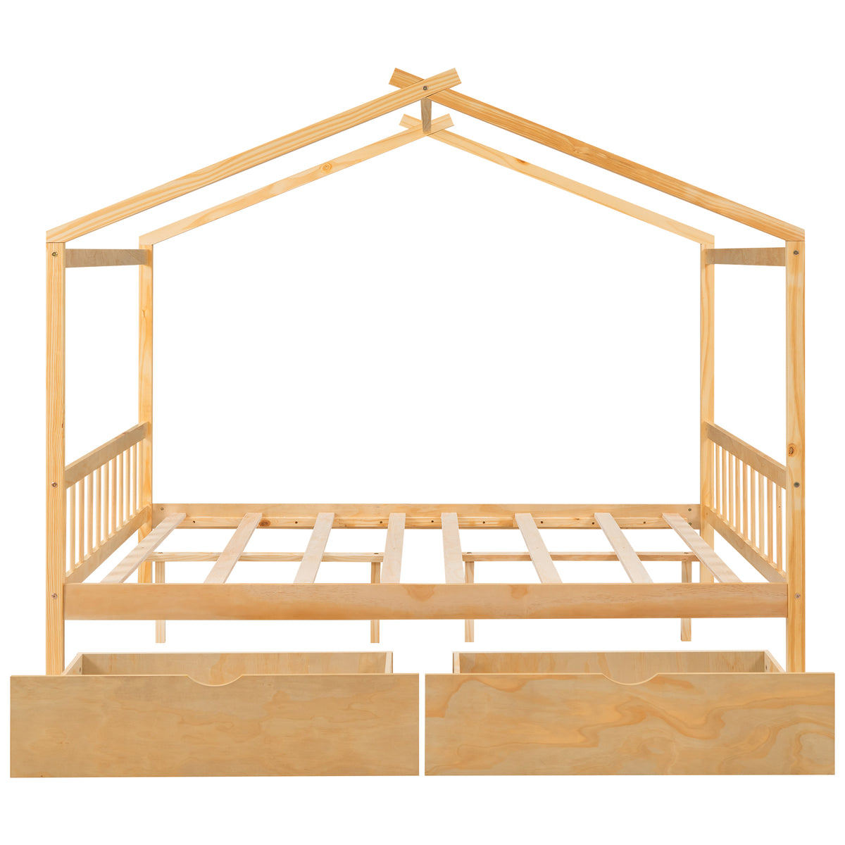 Full Size House Platform Bed with Two Drawers,Headboard and Footboard Roof Design Natural