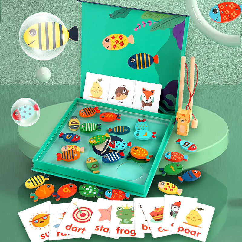 Wooden Magnetic Fishing Kitten Fishing Game 26 Letters Multi-function Fun Spelling Words Toddler Early Education Toys