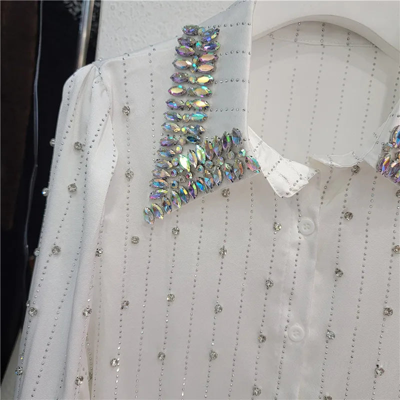 Heavy Embroidery Hot Drilling Shirt Women's Light Luxury Full-Body Beaded Lapel Long Sleeve Loose Autumn Shirts and Blouses Top